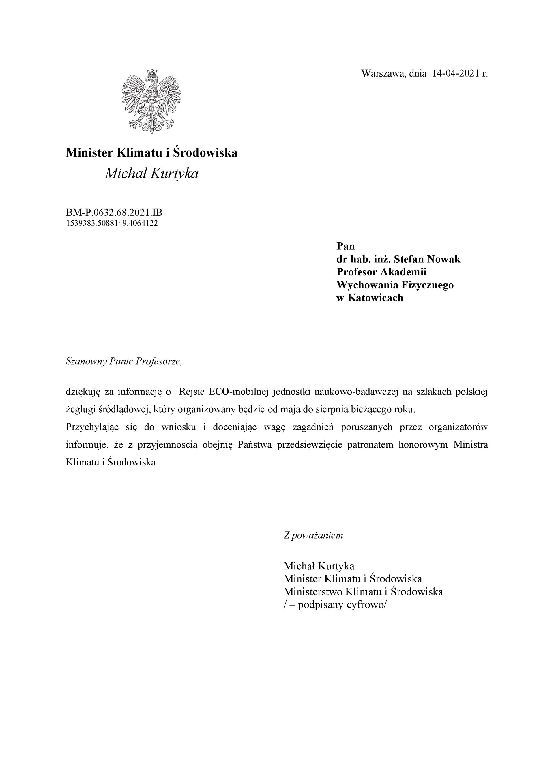 List Ministra Klimatu i Środowiska