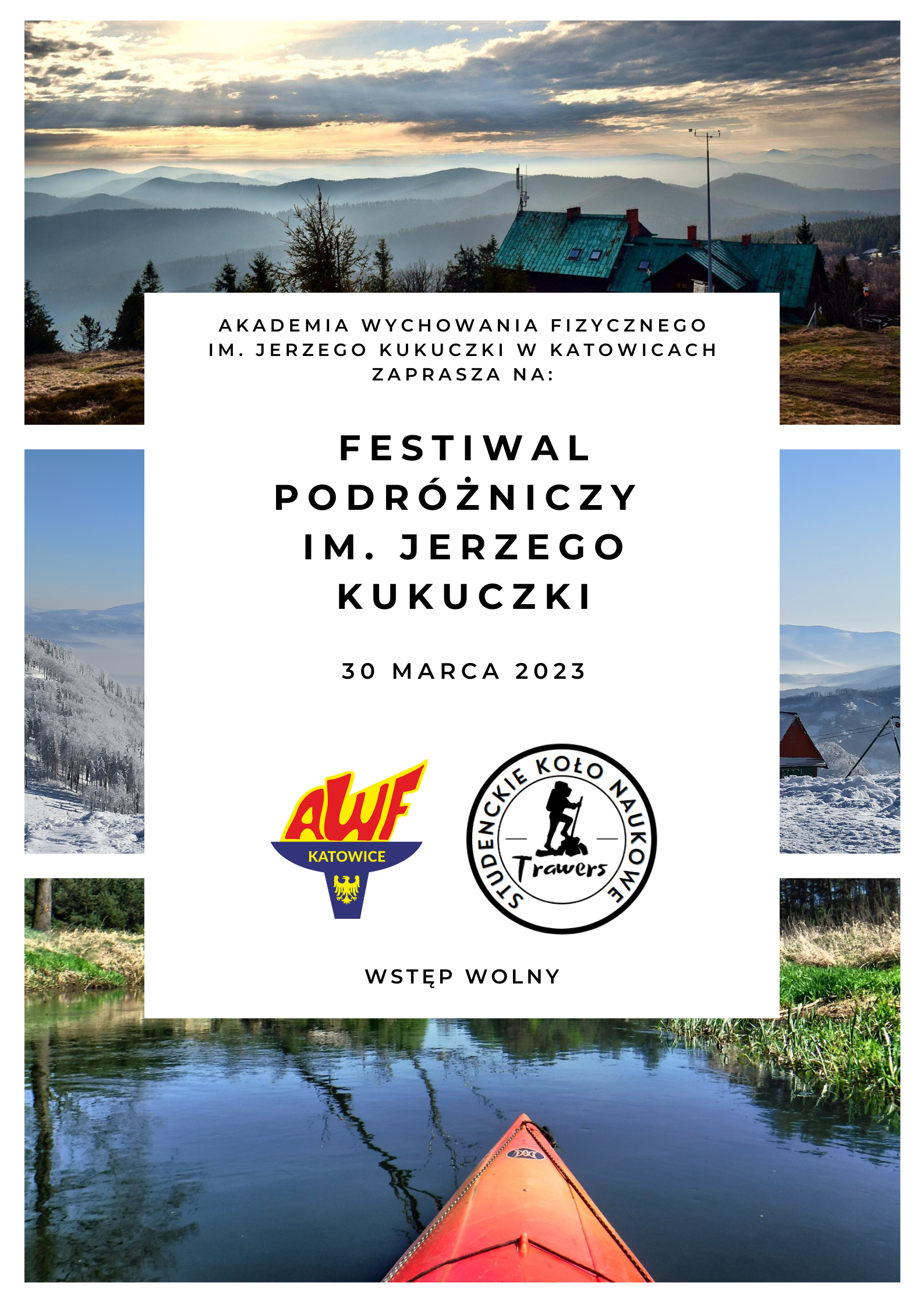 Plakat informujący o Festiwalu podróżniczym im. Jerzego Kukuczki, który odbędzie się 30 marca 2023 roku na AWF Katowice 