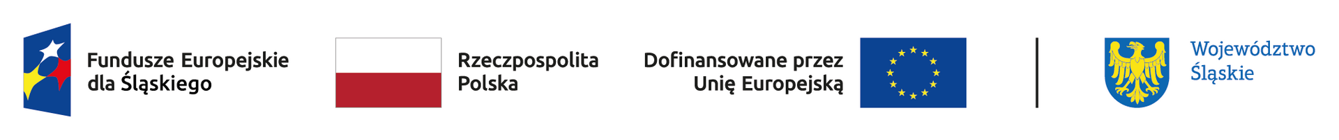 grafika przedstawiajaca: Logo Funduszy Europjskich dla Śląska, Falgę Rzeczpospolitej, Dofinansowana przez Unię Europejską, Godło woj. Śląskiego 